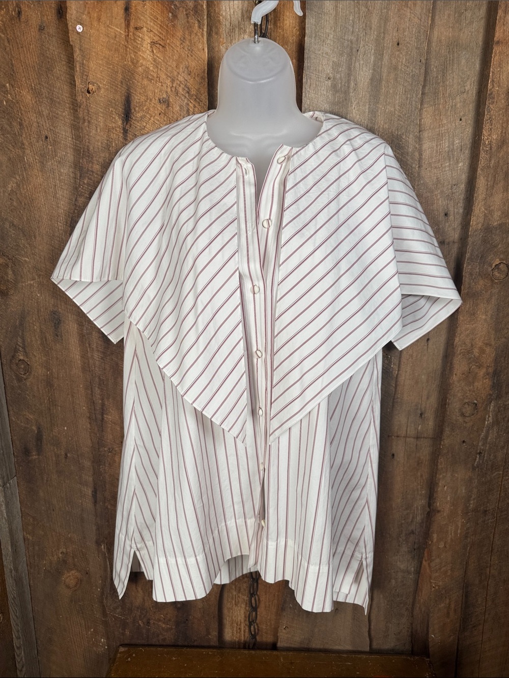 Rosetta Getty White Blouse with Burgundy Stripes and Capelet Overlay
